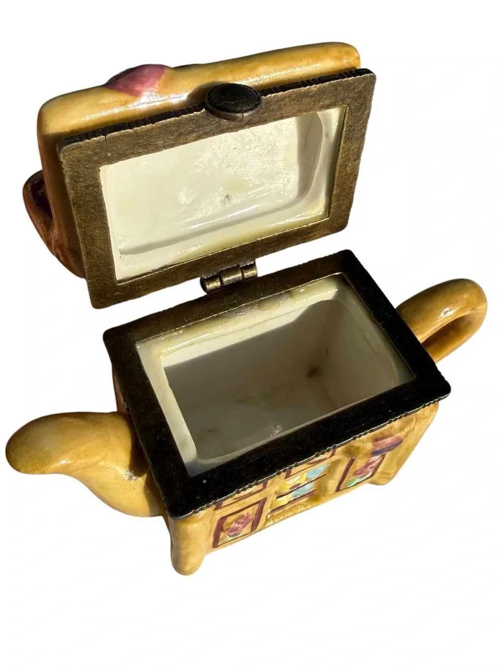 Vintage Laundry Room Teapot Trinket Box Ceramic Hinged Jewelry Box Whimsical 3”